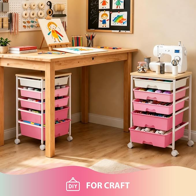 Goovilla Rolling Cart with 5 Drawers for Craft, Art, Dorm, Office, Pink | Utility Cart Organizer With 5 Removable Drawers and Wooden Tabletop, Lockable Rolling Storage Organizer for Classroom, Home - Image 7