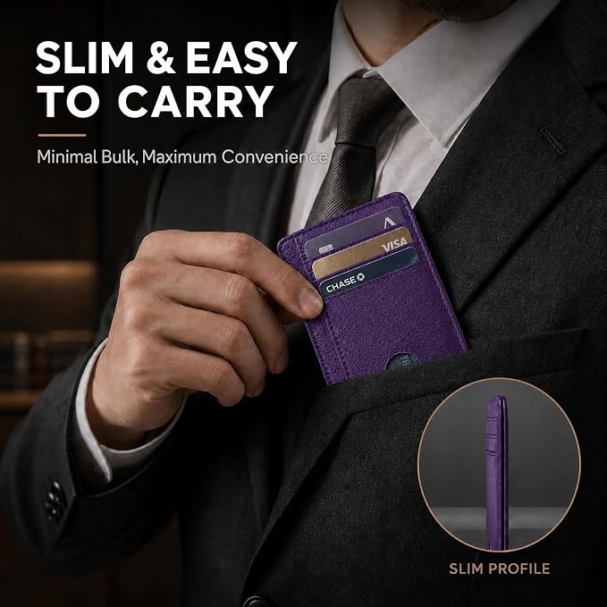Slim Minimalist Front Pocket RFID Blocking Leather Credit Card Holder, Small Compact Wallet with ID Window for Men and Women (Purple) - Image 3