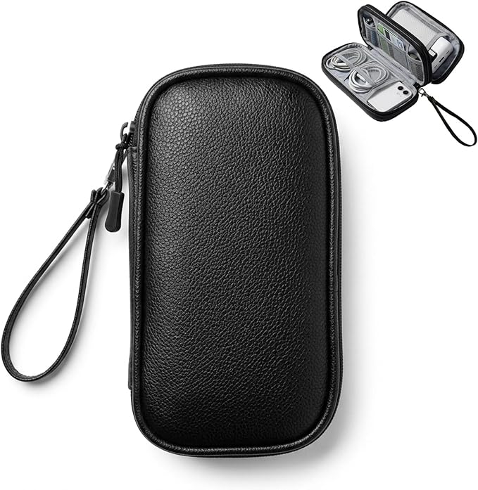Leather Electronic Organizer Bag, Waterproof Travel Tech Pouch for Cord, Cable, Charger, Phone & Accessories (Black) by Unknown