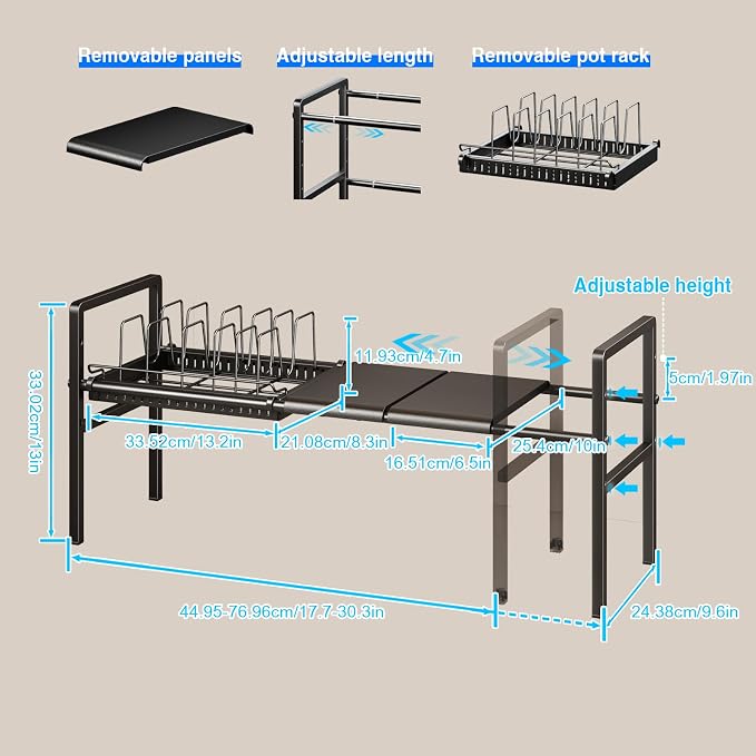 Mustorn Pots and Pans Organizer Under Cabinet, Expandable 1 Tier Under Sink Organizers and Storage Adjustable Height Kitchen Pot and Pan Lid Holder Rack with 6 Dividers Under Cabinet Shelf(Black) - Image 2