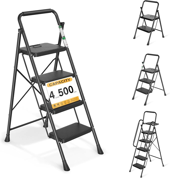 Arbusb Step Ladder, Folding Step Stool with Wide Anti-Slip Pedals, Sturdy Steel Ladder with Handrail, Space-Saving, Portable for Home & Adults, 4 Step Black by ArbusbHome