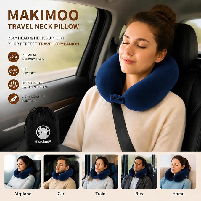 Travel Neck Pillow, Top Memory Foam Pillow for Head Support, Ideal for Airplanes, Cars, and Home Recliners, Adjustable and Soft (Blue) - Image 3