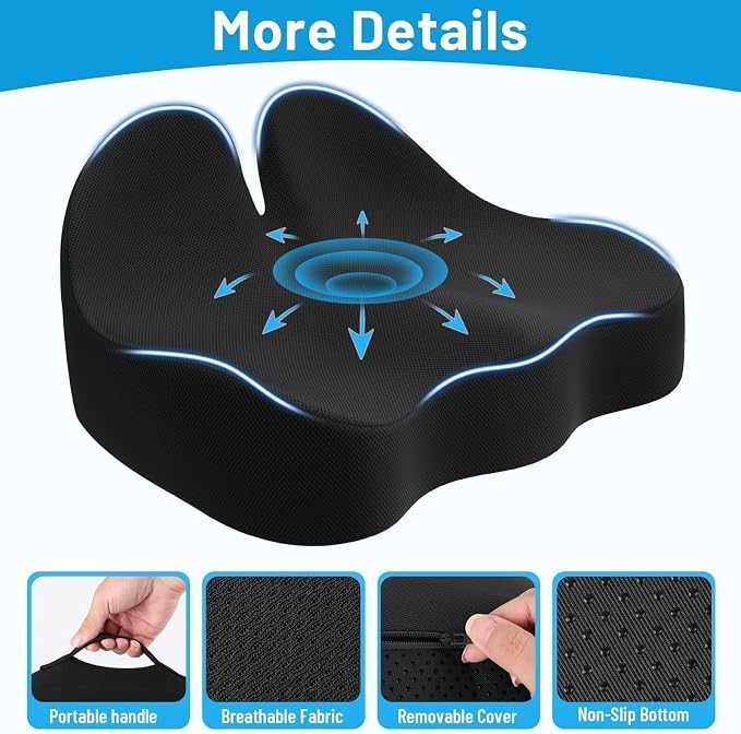 Memory Foam Seat Cushion, Ergonomic Office Chair Cushion for Long Sitting | Curved Tailbone Support Cushion for Car, Desk Chair and Wheelchair, Coccyx Comfort Pad with Breathable Cover, Black - Image 3