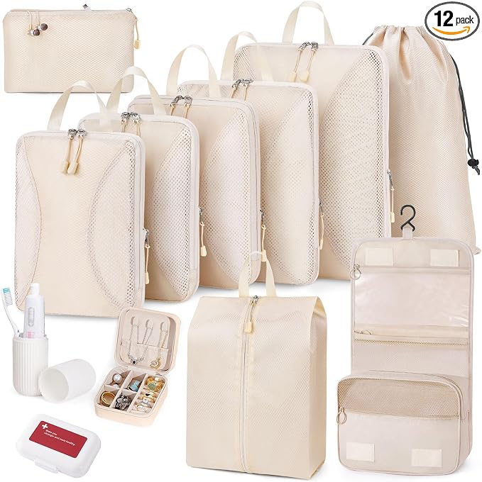 12pc Compression Packing Cubes for Suitcases, Expandable Travel Organizer Bags Set for Luggage, Lightweight Carry On Essentials, Beige by Unknown