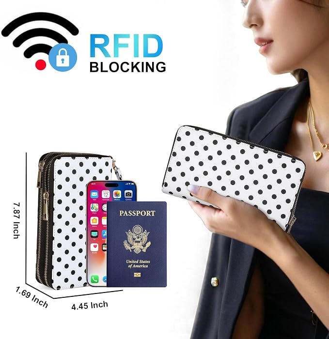 RFID Blocking Cellphone Wallet for Women with Removable Strap, Large Capacity Multi Card Wristlet Purse for Travel, Coin Pocket & Double Zipper, Polka Dot - Image 6