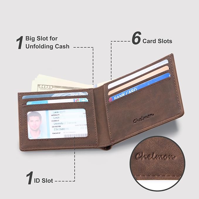 Chelmon Slim Wallet for Men ID Window with RFID Blocking Front Pocket Minimalist Bifold Bussiness Card Holder Gift for Men, CH Coffee - Image 2