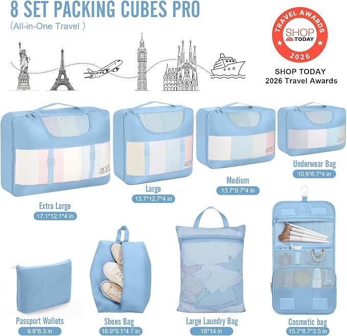 Veken 8 Set Packing Cubes for Travel Essentials,Anti-Wrinkle Buckled Suitcase Organizer for Shoe & Toiletry Bag,Carry On Luggage Bag with 99+ Count Mesh Holes for Airplane & College Dorm Accessories - Image 2