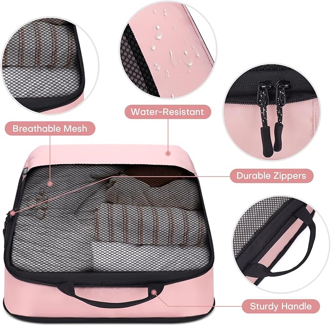4 PCS Set Compression Packing Cubes for Travel, Lightweight Packaging Organizer Bags for Carry On Space Saving, Travel Essentials Cubes for Suitcase Backpack, Pink - Image 5