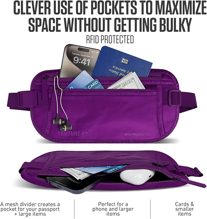 VENTURE 4TH Travel Money Belt, RFID Blocking Passport Holder - Sleek Purple - Image 2