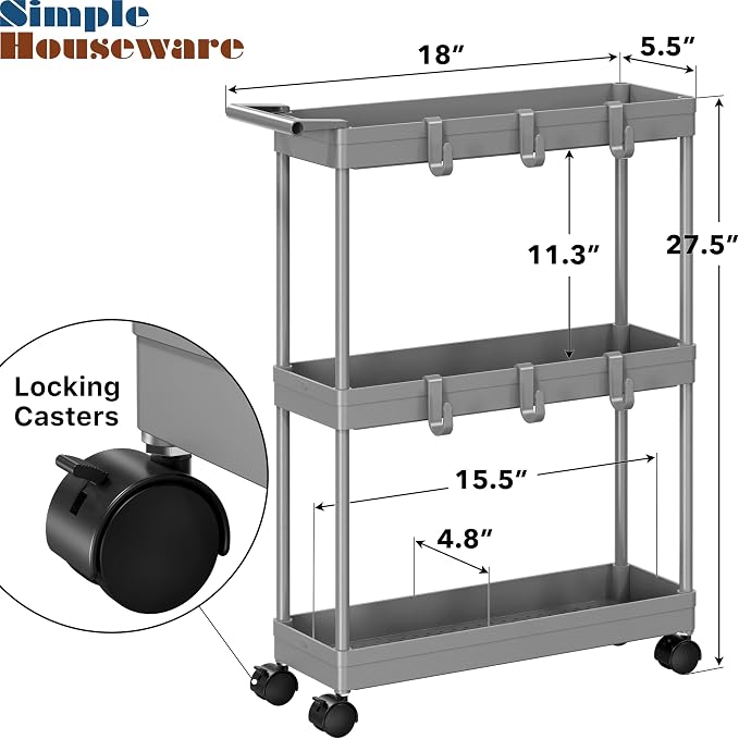 Simple Houseware 3-Tier Slim Rolling Cart w/Handle 5.5" Wx27.5 H, Gray | Storage Cart for Narrow Space (5.5-Inch Wide) Kitchen, Bathroom, Laundry Room - Image 3