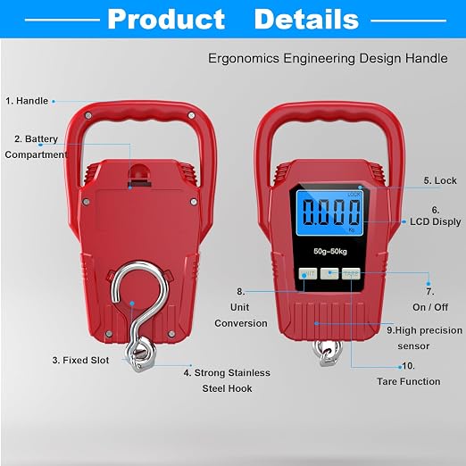 Digital Fish Scale Hanging Scale Fishing Scale,110lb/50kg Luggage Scale,Upgrade Large Handle & Backlit LCD Display, Electronic Balance Digital Fishing Postal Scale, Red, Fishing Gifts for Men - Image 4