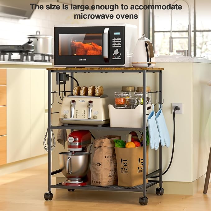 ThreeHio Rolling Kitchen Microwave Cart with Power Outlet, 3 Tier Microwave Table Stand with Storage, Kitchen Utility Cart on Wheels, Small Coffee Cart Shelf Rack Organizer for Living Room Office - Image 5