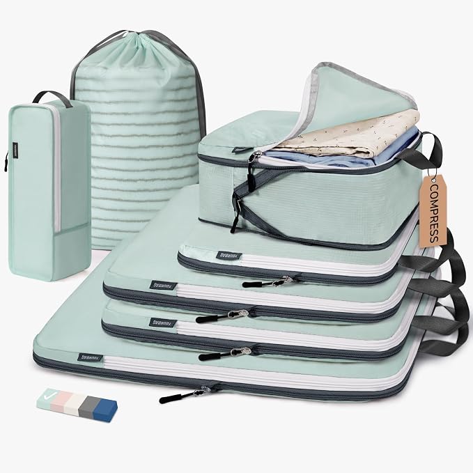 7 Set Compression Travel Packing Cubes for Suitcases, Grey Blue | Travel Essentials for Suitcase, Luggage Organizer Bags for Travel with Shoe Bag, Travel Bags for Shoes, Clothing by CherryNow