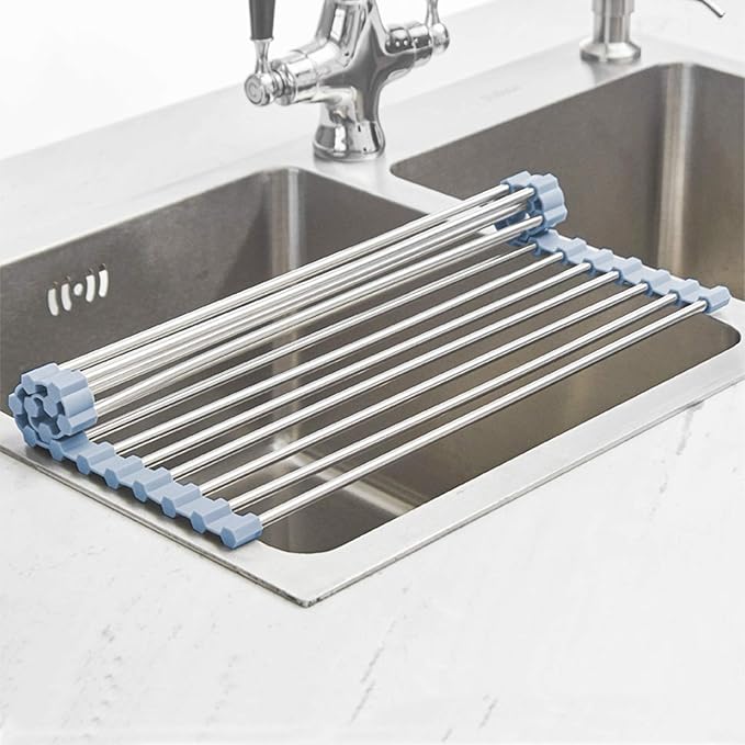 Over The Sink Dish Drying Rack, Roll Up Dish Drying Rack Kitchen Dishes Rack Stainless Steel Sink Drying Racks, Foldable Dishes Drainer, Gray (17.5''x15.7'') - Image 4