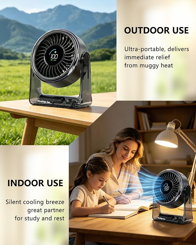 USB Small Quiet Desk Fan, Turbo Table Fan with Night Light, 6 Speeds Digital Display, 360° Rotation, 4000mAh Rechargeable Battery Air Circulator Desktop Fan for Bedroom Home Office, Black - Image 9