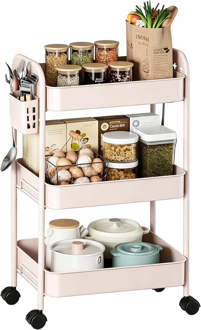 Heavy-Duty Rolling Cart 3 Tier Metal Utility Storage Cart | with Casters, Hooks & Hanging Cups, Rolling Storage Organizer for Kitchen Office Craft Snack Book by Unknown
