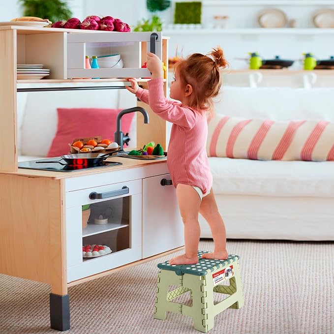 Folding Step Stool 9 Inch for Kids, 300 lbs, Bicolor Green | Lightweight Plastic Small Foldable Step Stool with Handle, Non-Slip, for Kitchen, Bathroom, Bedroom and Closet - Image 9