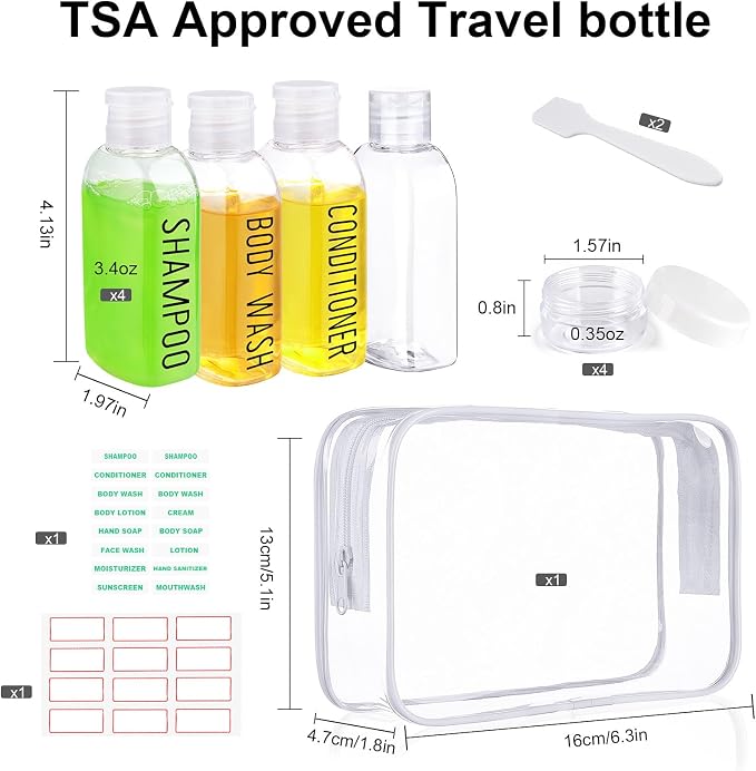 8 Pack 3.4oz Pre-print TSA Approved Travel Bottles for Toiletries | Clear Travel Size Containers, Leak Proof, Plastic 0.35oz Small Cream Jars, for Shampoo, Conditioner, Lotion - Image 2