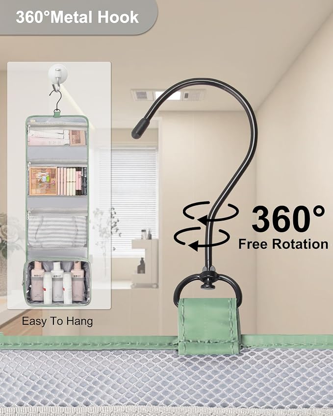 Relavel Travel Hanging Toiletry Bag for Women for Full-size Container | Travel Wash Bag with 360° Rotation Hook, Waterproof Large Stand Up Toiletries Organizer for Bathroom Shower Camping - Green - Image 2