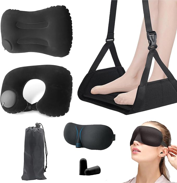 Portable Travel Sleep Comfort Set for Plane 2 Inflatable Travel Pillows,Foot Rest Hammock,Eye Mask Ear Plugs for Airplane Flight Essentials for Seat Airplane Gadgets for Sleep Comfort Kit by CryhandCrystalHandmadeSTU