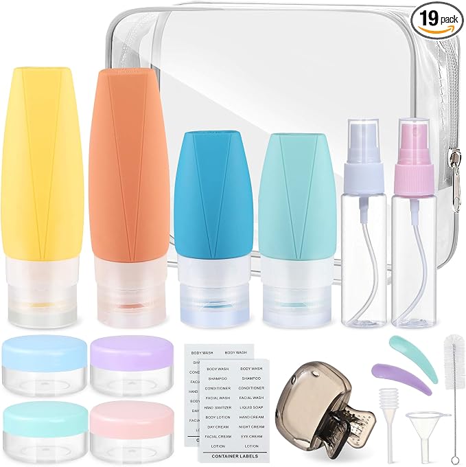 19 Pack Travel Bottles for Toiletries - TSA-Approved Leak-Proof Silicone Containers with Cream Jars Spray Bottles Funnel Brushes & Labels - Portable Refillable Kit for Shampoo Lotion & Conditioner by Newppon