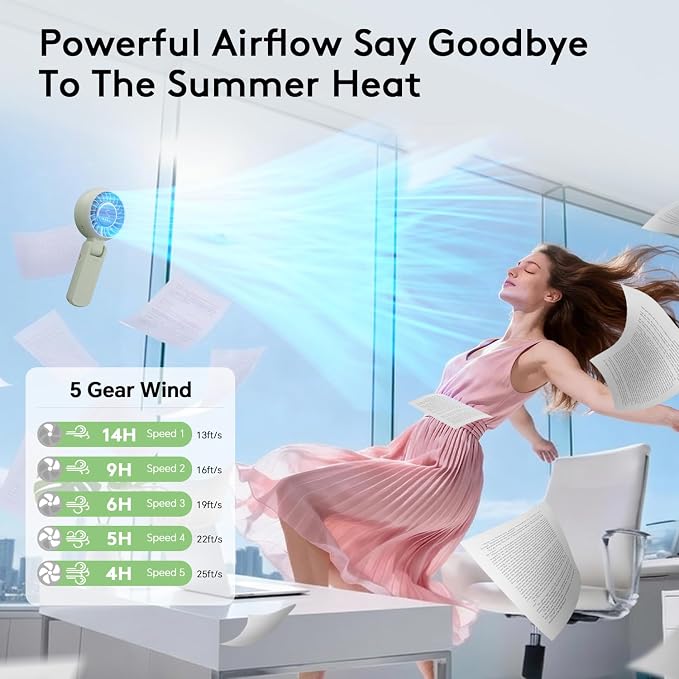 ZOZOO Portable Fan, USB Rechargeable 194°Folding Handheld Fan,5 Speed&LED Display &High Power Motor Table Fan, 3 IN 1 Quiet Strong personal Neck fans for Travel,Camping,Beach (Green) - Image 4