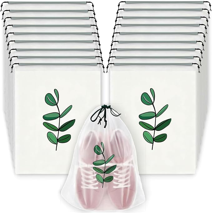 18PCS Clear Shoe Bags for Travel, Eucalyptus Leaf Pattern Travel Shoe Bags, Drawstring Shoe Travel Bags for Packing and Storage, Waterproof & Dustproof (15.7” x 11.8”) by Unknown