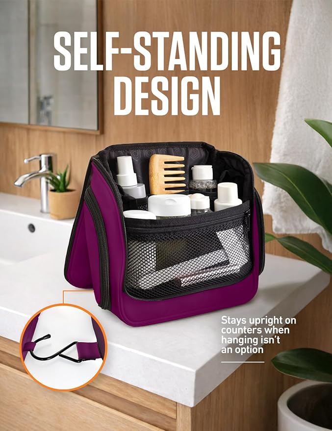 VENTURE 4TH Hanging Travel Toiletry Bag, 18 Compartments - Purple | Hangs on rails, hooks or doors; stands upright. Removable TSA pouch. Water-resistant Nylon 290D Twill, reinforced stitching. - Image 5