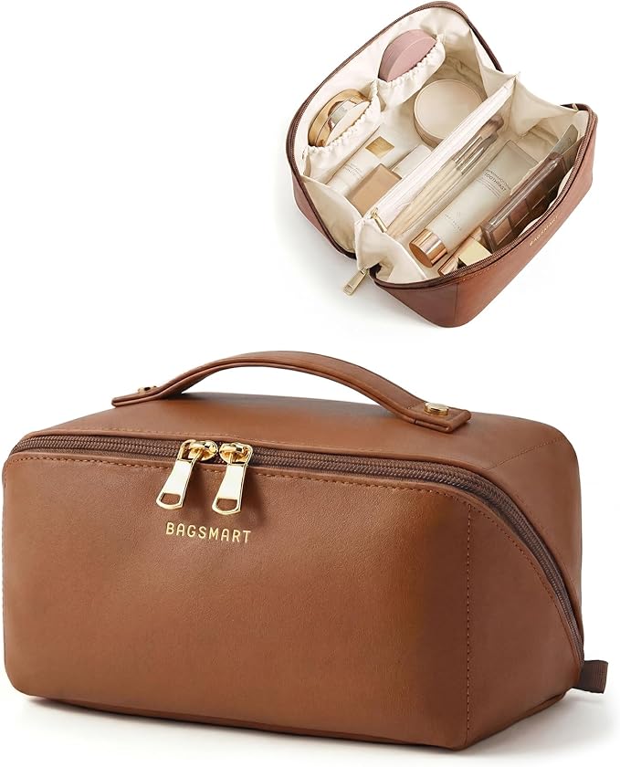BAGSMART Makeup Bag Travel Cosmetic Bag,Women Toiletry Case, Coffee Brown | Make Up Bag Flat Open Toiletry Bag for Women, PU Leather Travel Essentials Wide-open Skincare,Brushes Organizer Case Large by BAGSMART