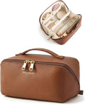 BAGSMART Makeup Bag Travel Cosmetic Bag,Women Toiletry Case, Coffee Brown | Make Up Bag Flat Open Toiletry Bag for Women, PU Leather Travel Essentials Wide-open Skincare,Brushes Organizer Case Large by BAGSMART