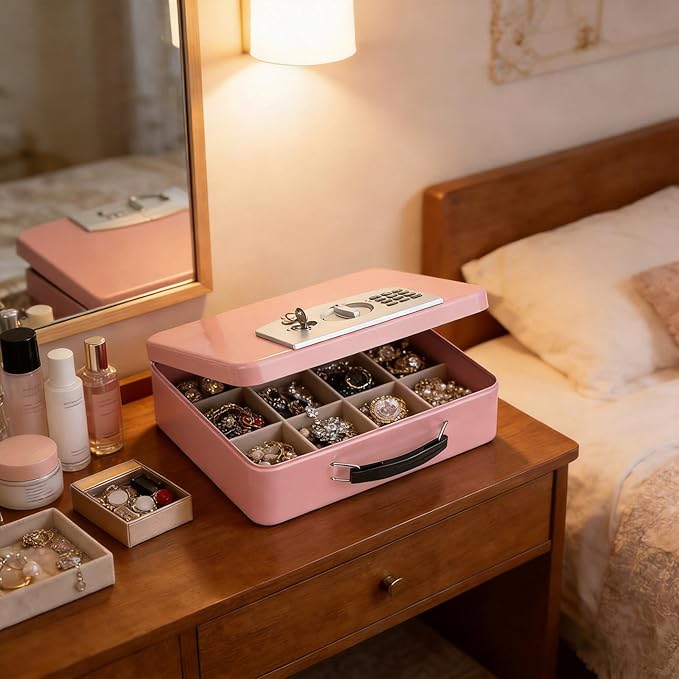 KYODOLED Pink Safe Box with Digital Keypad Lock, Lock Box with Code for Personal Items, Metal Security Box for Cash, Passport, Jewelry, Ideal for Home, Office, Garage Sale, 11.8'' x 9.4'' x 3.5'' - Image 7