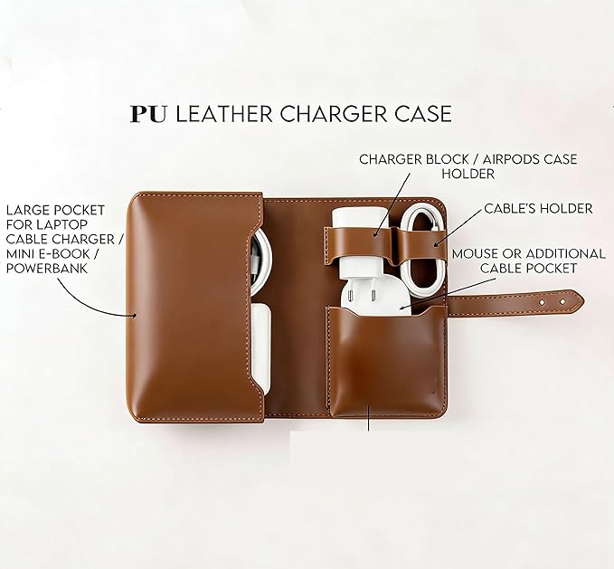 Vintage Pu leather Electronic organizer travel case,cord organizer travel, Leather charger shortage for essentials mouse, adapter, cables (vintage brown) - Image 5