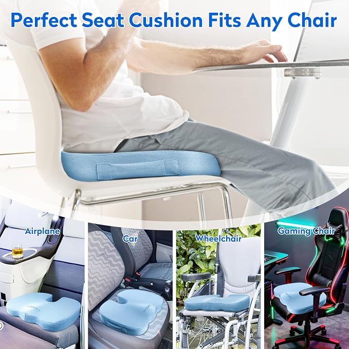 CushZone Memory Foam Seat Cushion for Office Chair & Car, Light Blue | U-shaped Coccyx Cutout, Contoured Design, Breathable Removable Mesh Cover, Non-Slip Base, Carry Handle - Image 5