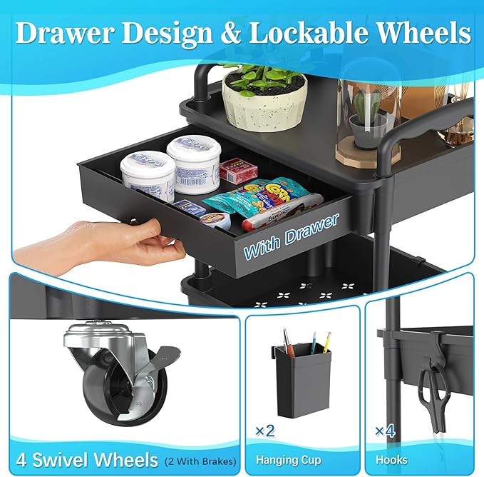 SUNALLY 4 Tier Rolling Cart with Drawer, Craft Storage Cart Organizer,Black | Bathroom Storage Organizer with 2 Lockable Wheels, Rolling Utility Cart for Kitchen, Office, Baby, Makeup, Nail,Snack,Laundry - Image 3