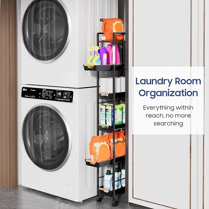 6 Tier Slim Storage Cart with Pull-Out Baskets Rolling Cart with Wheels Wood Top Narrow Utility Cart Metal Shelving Units for Pantry Laundry Room Bathroom Kitchen Black 8in(W) - Image 3