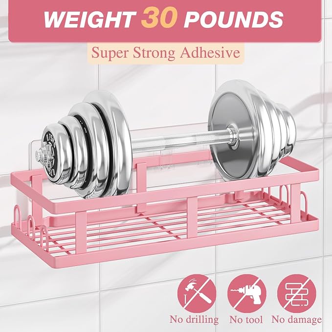 Youvip Shower Caddy, Pink, Adhesive No Drill Bathroom Organizer | Large Capacity, Rustproof Shelves, For Inside Shower, Bathroom Organizers and Storage - Image 4