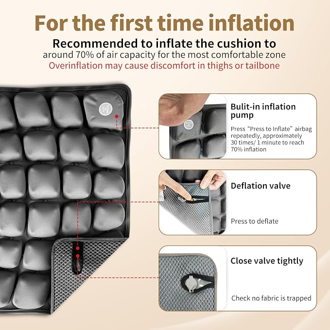 Inflatable Seat Cushion with Built-in Pump - 3D Air Cell Ergonomic Pad for Sciatica & Tailbone Pain Relief - Portable Cooling Chair Cushion for Airplane Travel, Car, Office & Stadium (0.8lbs) - Image 4