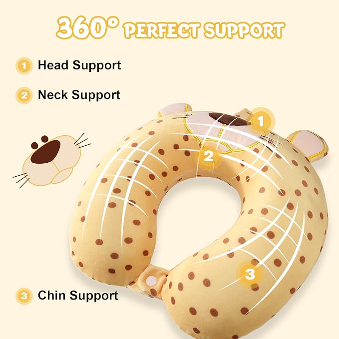 Cirorld Travel Pillow for Kids Adult Cute Neck Pillow for Traveling Memory Foam Airplane Pillow Sleep Mask Animal Flight Pillow Head Rest Neck Support for Cars Long Flights (Yellow Leopard, 9-12 Y/O) - Image 2