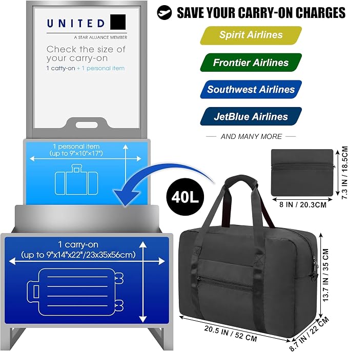 Duffle Bag for Travel Foldable Personal Item Travel Bag, 40L, Black | Carry On Duffel Bag Women Men Frontier Airlines Personal Item Bag Hospital Weekend Overnight Trips - Image 2