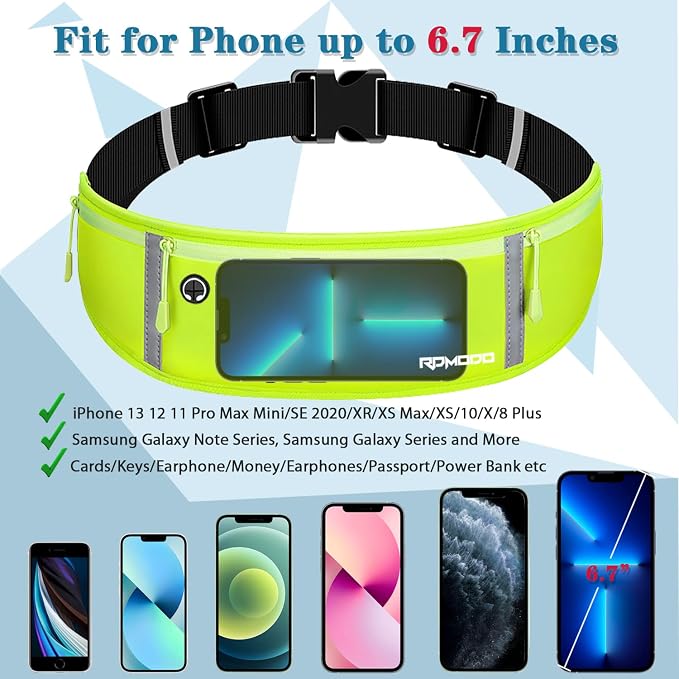 Running Belt for Women, Running Fanny Pack Water Resistant, Green | Large Capacity Waist Pack Men, Bounce Free Runners Belt, Adjustable Elastic Band, Phone Holder for Running Cycling Outdoor - Image 4