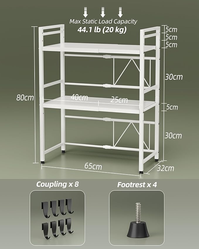 3 Tier Expandable Microwave Stand countertop,Microwave Oven Rack | microwave shelf, storage shelves for pans &appliances,Adjustable partition height，55 Lbs load Per Tier,White - Image 3