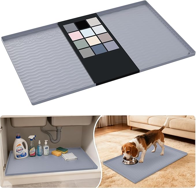 URMONA Waterproof Silicone Under Sink Mat 31'' x 19'' Shelf Liner for Kitchen and Bathroom, Cabinet and Counter Protector, Storage and Organizers, Litter Mat, Pet Cat Puppy Essentials(Light Grey) by URMONA