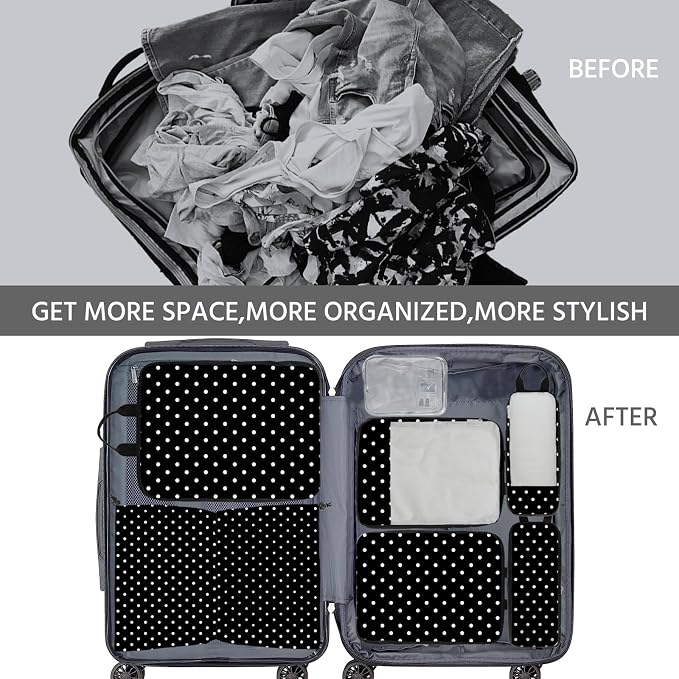 7 Pcs Compression Packing Cubes for Travel, Waterproof Suitcase Luggage Backpack Organizer with Toiletry Bag Travel Essentials for Women/Men-Polka Dots - Image 8