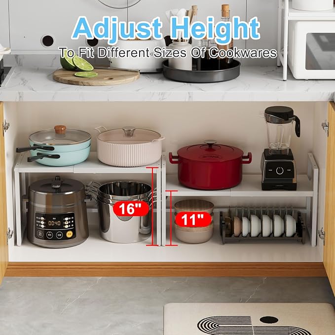 2 Pack Expandable Kitchen Storage Shelves,110LBS Heavy Duty Metal Shelving Unit and Storage for Pot Pans,Adjustable Stackble Small Storage Shelf Organizer for Kitchen Under Cabinet Pantry Garage,White - Image 5