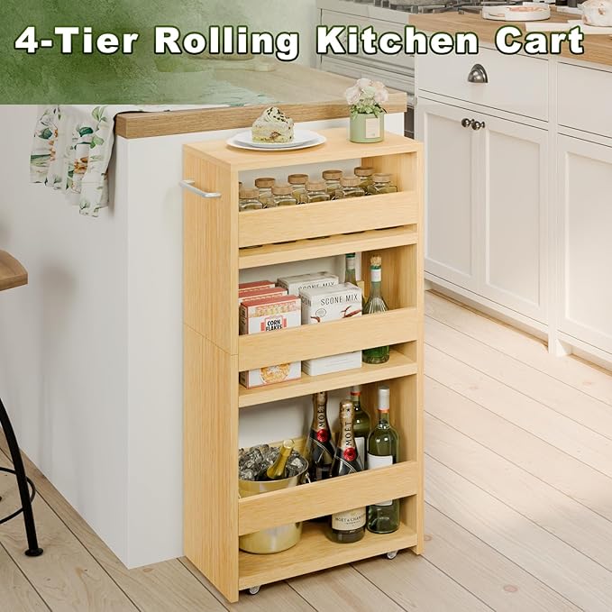 MARTY Slim Rolling Storage Cart, Wood Utility Kitchen Bathroom Laundry Cart | 4 Tier Kitchen Cart with Wheels Handle, Laundry Room Organization Between Washer and Dryer, Narrow Storage Cabinet, 8” Wide - Image 7
