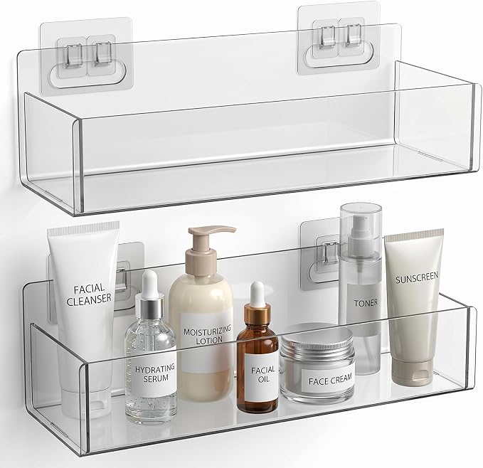Acrylic Adhesive Cabinet Door Organizers 2Pack 13"x4" Clear Shelf Wall Bins | No-Drill Wall Organizers, Clear Visible Storage, Caddy Bins for Shower Bathroom Kitchen Under Sink RV Camper Organization by LIGHTDUST