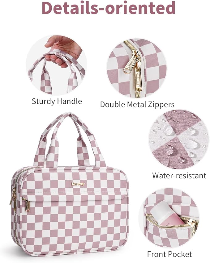 Narwey Hanging Toiletry Bag for Women Checkered Travel Makeup Bag Organizer Cosmetic Make up Toiletries Bag for Travel Essentials Accessories (Dusty Pink Checkerboard, Medium) - Image 4