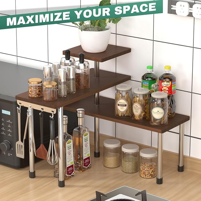 ZHWS Bathroom Counter Organizer for MakeUps, Dresser Table, Kitchen Countertop Organizer Adjustable 3 Tier Corner Shelf with 4 Metal Hooks for Coffee Bar, Spice Rack, Over Sink - Image 3