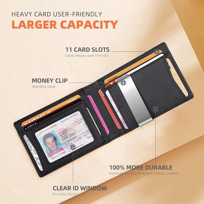 RUNBOX Slim Wallet for Men - RFID Blocking Leather Bifold with Money Clip | Minimalist Front Pocket Wallet Holds 11 Cards,Slim Thin Design,RFID Blocking Protection, Practical Birthday Gifts for Men - Image 7