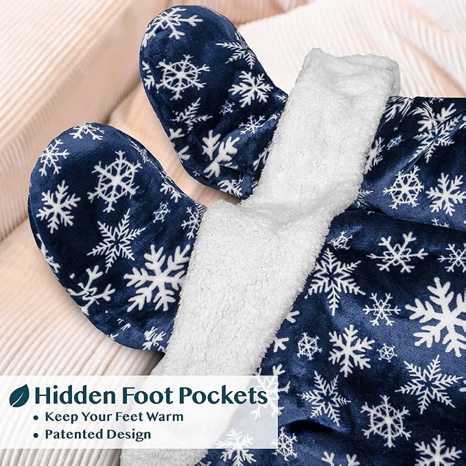 PAVILIA Sherpa Blanket with Sleeves, Foot Pocket for Women Men Adults, Thick Wearable Blanket Throw Wrap, Fleece Warm Snuggle Blanket Robe, Cozy Gift Ideas Wife Mom, Snowflake Blue - Image 2
